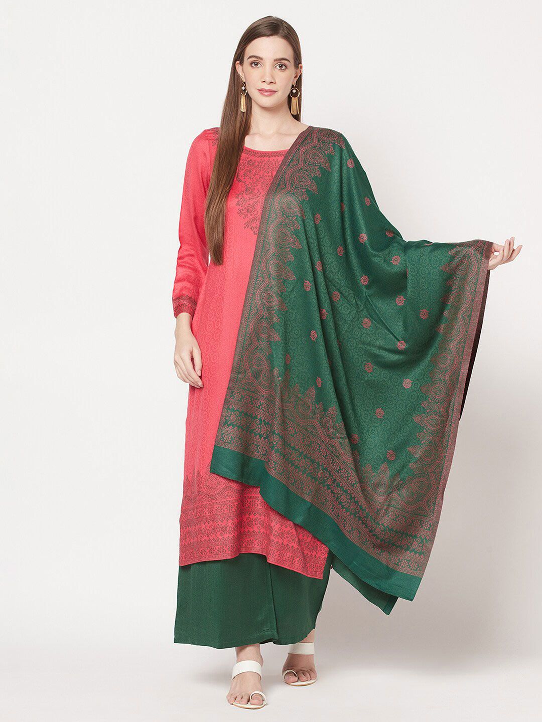 Safaa Pink & Green Acrylic Wool Unstitched Dress Material Price in India