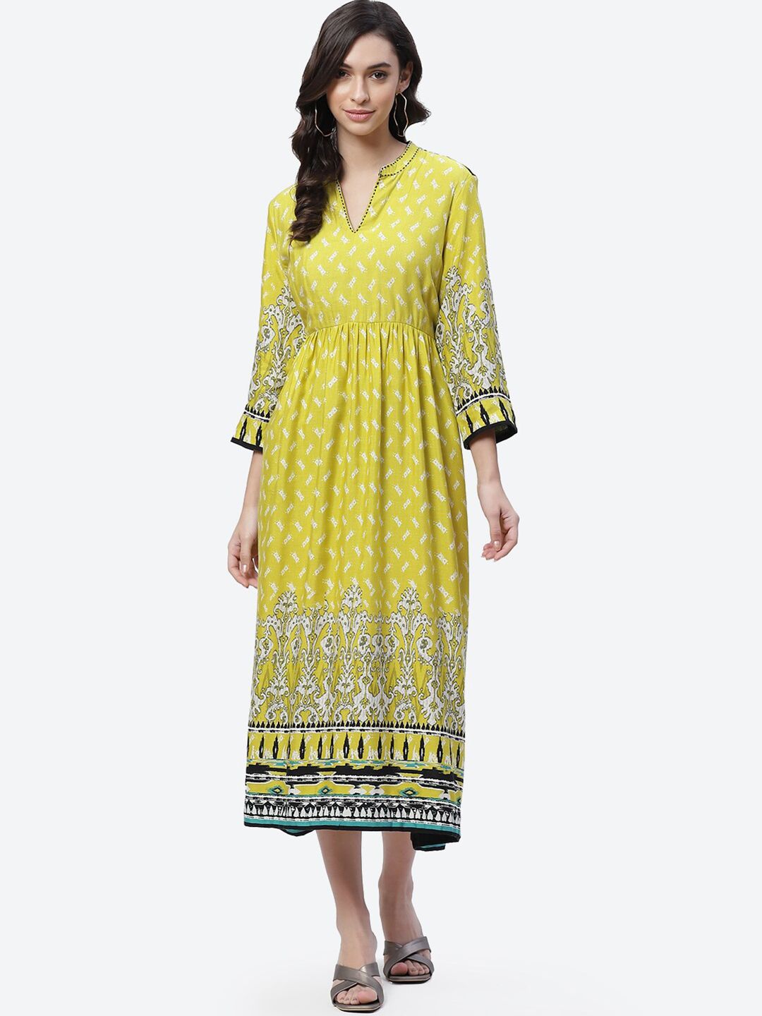 Biba Yellow Women Ethnic Motifs Ethnic Midi Dress Price in India