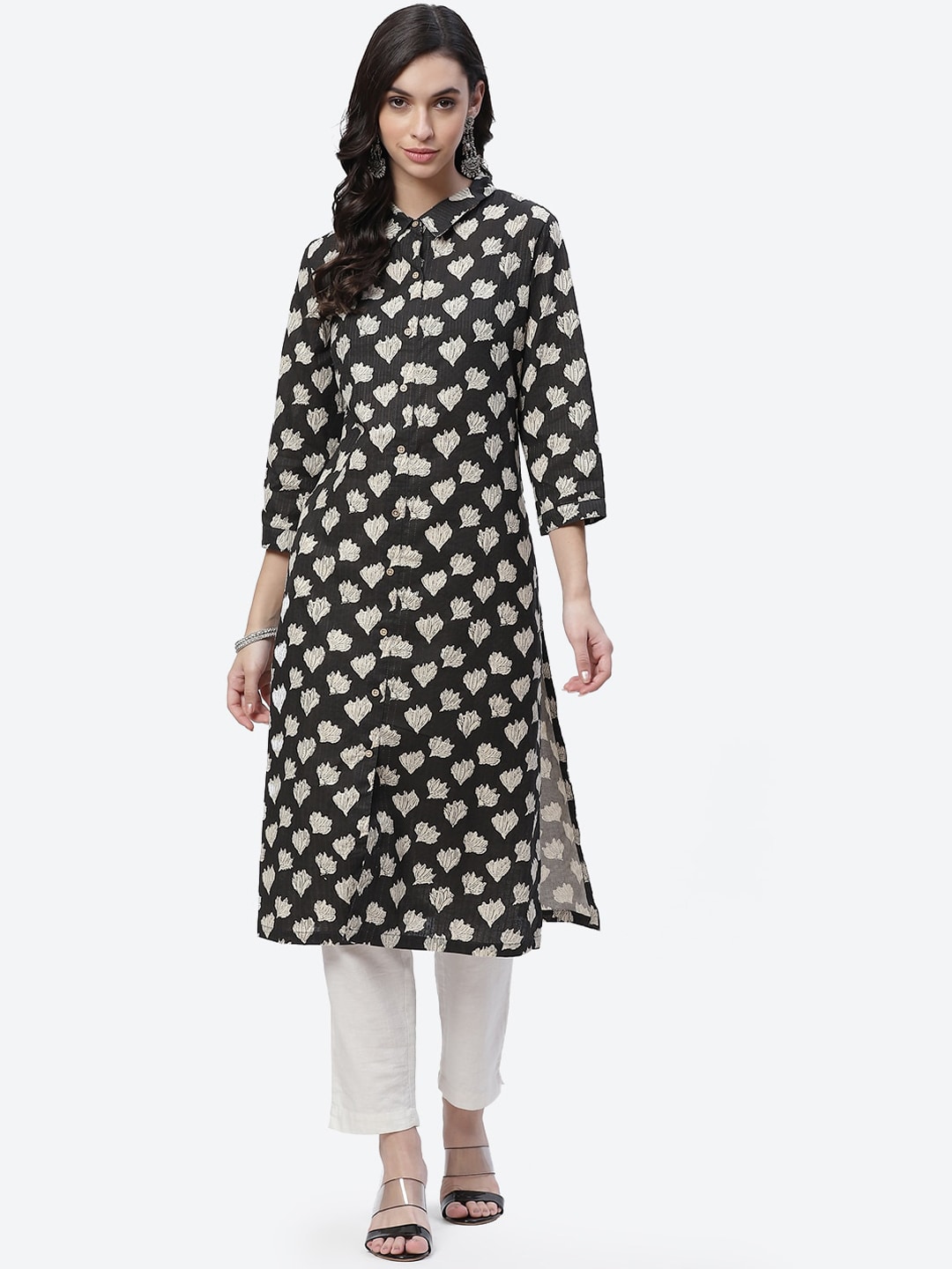 Biba Women Black and white ethnic motifs printed Kurta with cuffed sleeves Price in India