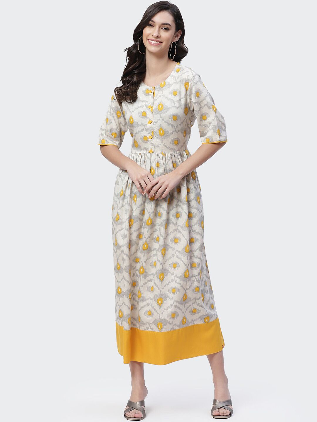 Biba Off White & Yellow Floral Ethnic Midi Dress Price in India