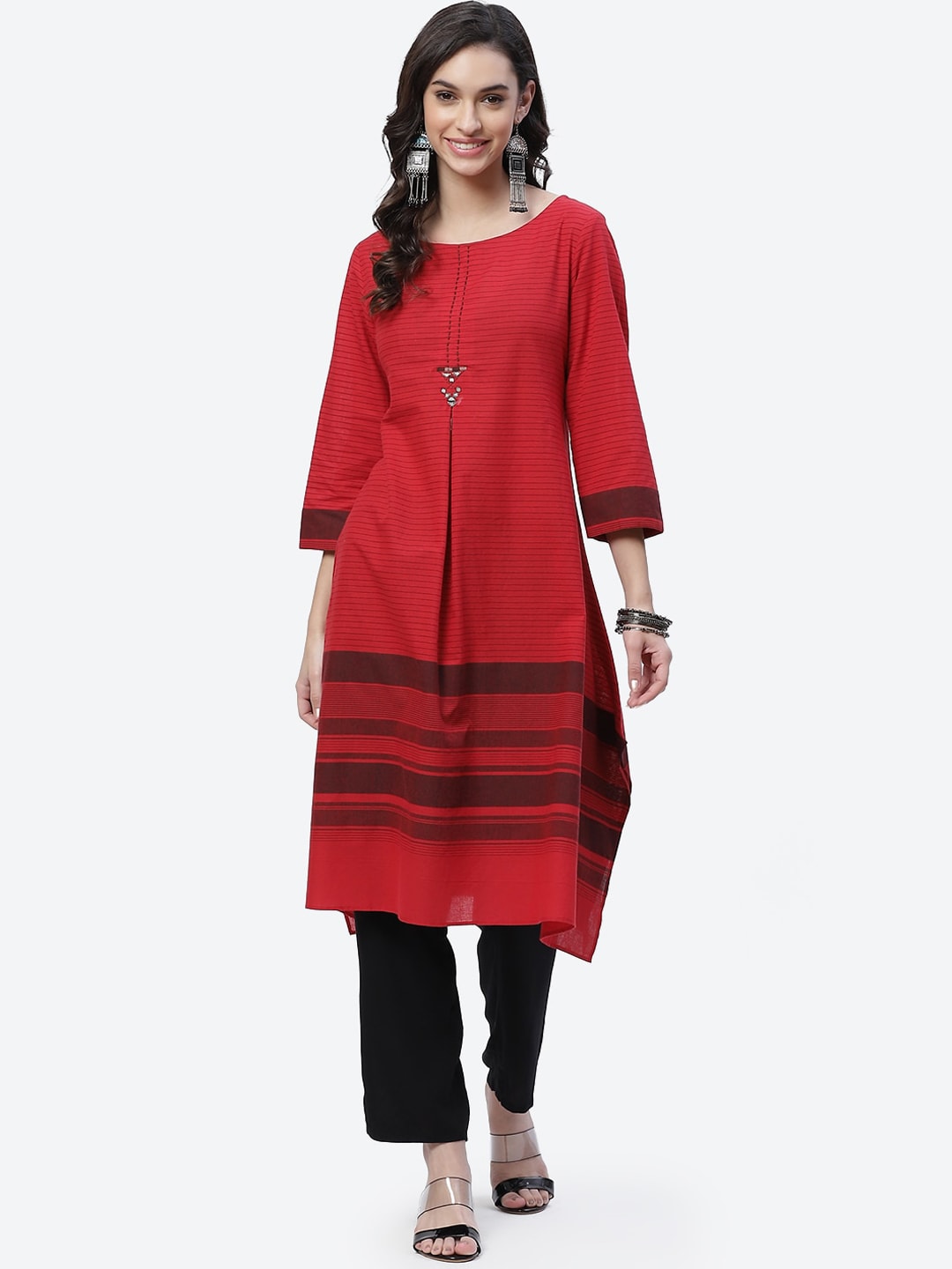 Biba Women Red Striped Thread Work Kurta Price in India