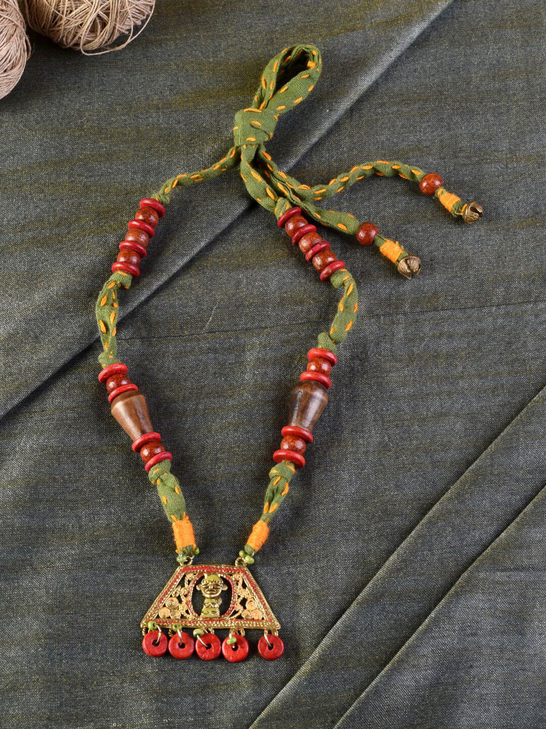 AAKRITI ART CREATIONS Red & Green Brass Handcrafted Tribal Dhokra Necklace Price in India