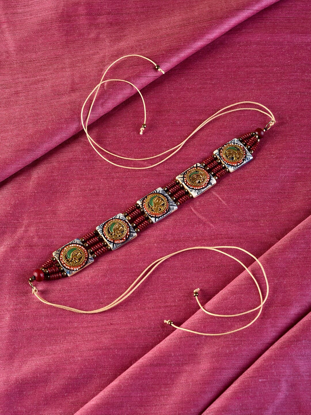 AAKRITI ART CREATIONS Maroon & Gold-Toned Tribal Dhokra Square Choker Necklace Price in India