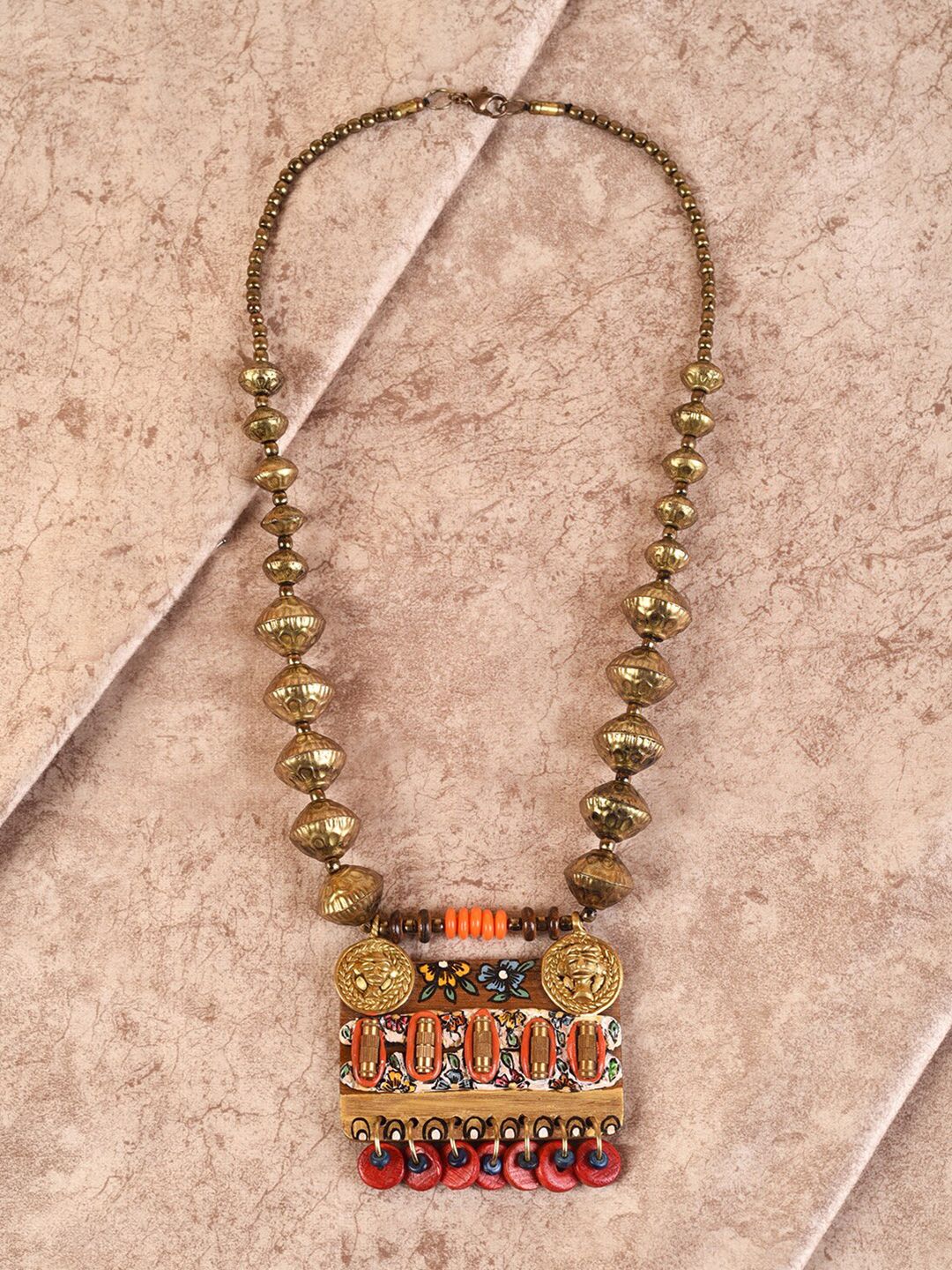 AAKRITI ART CREATIONS Gold-Toned & Red The Princess Tulips Tribal Dhokra Necklace Price in India