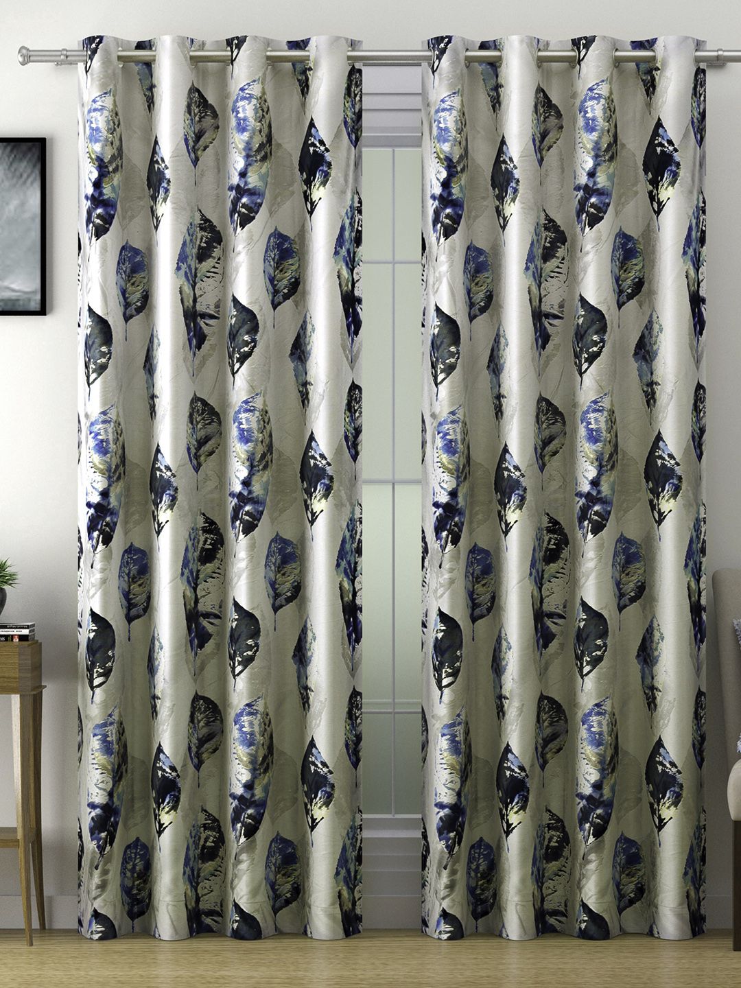SWAYAM Set Of 2 Blue & Grey Floral Room Darkening Long Door Curtain Price in India
