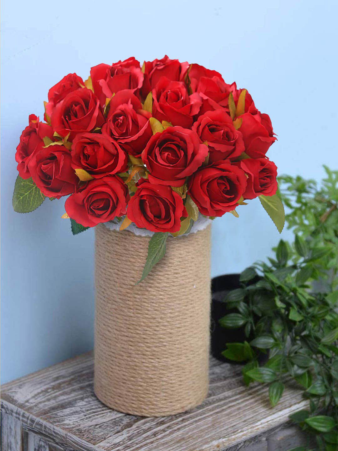 TIED RIBBONS Set Of 12 Red & Green Artificial Rose Flowers