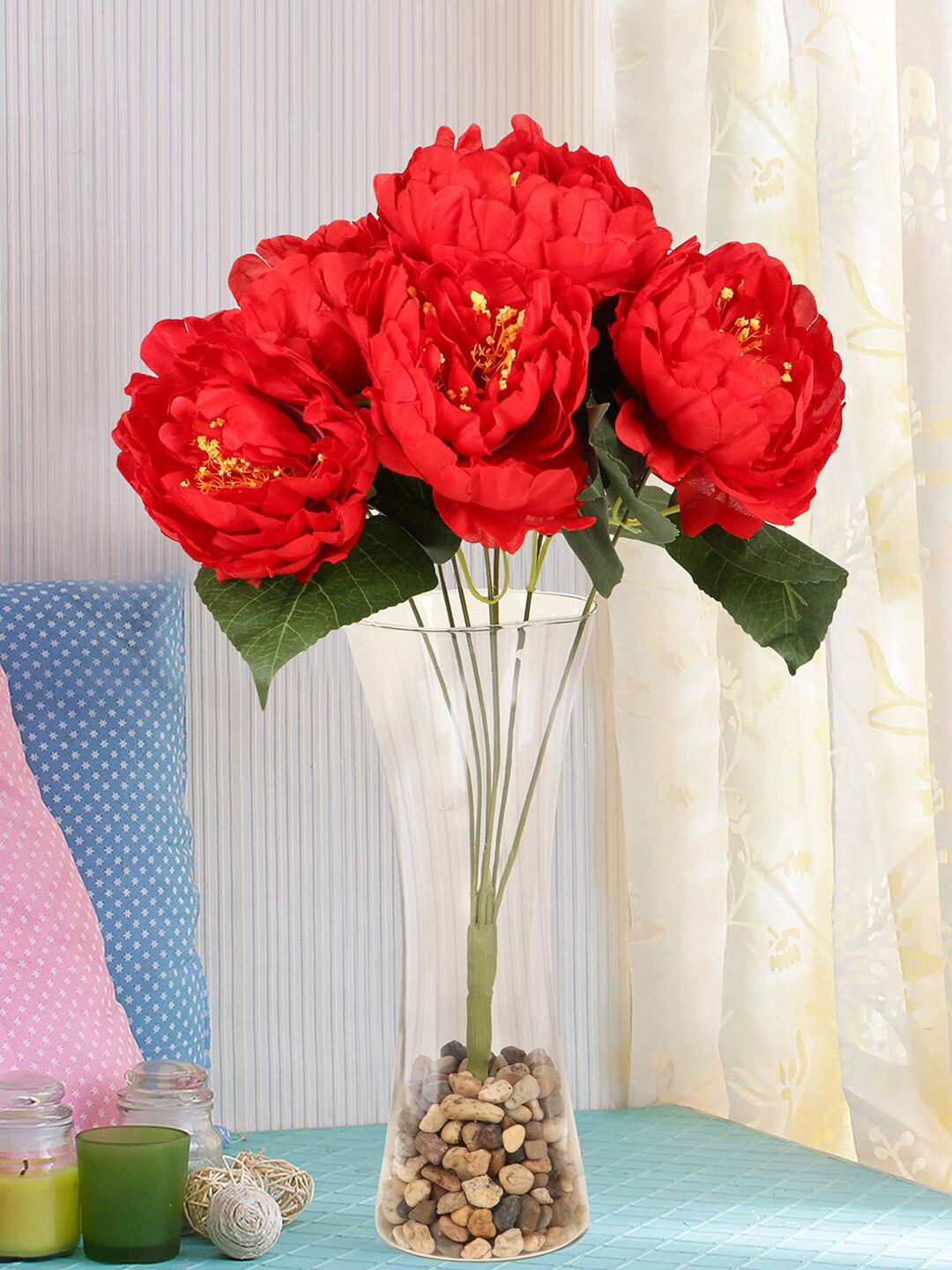TIED RIBBONS Red & Green Decorative Artificial Peony Flower Bunch Price in India