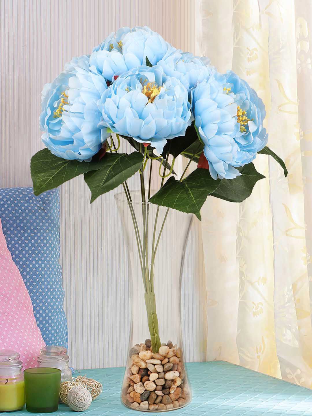 TIED RIBBONS Blue & Green Decorative Artificial Peony Flower Bunch Price in India