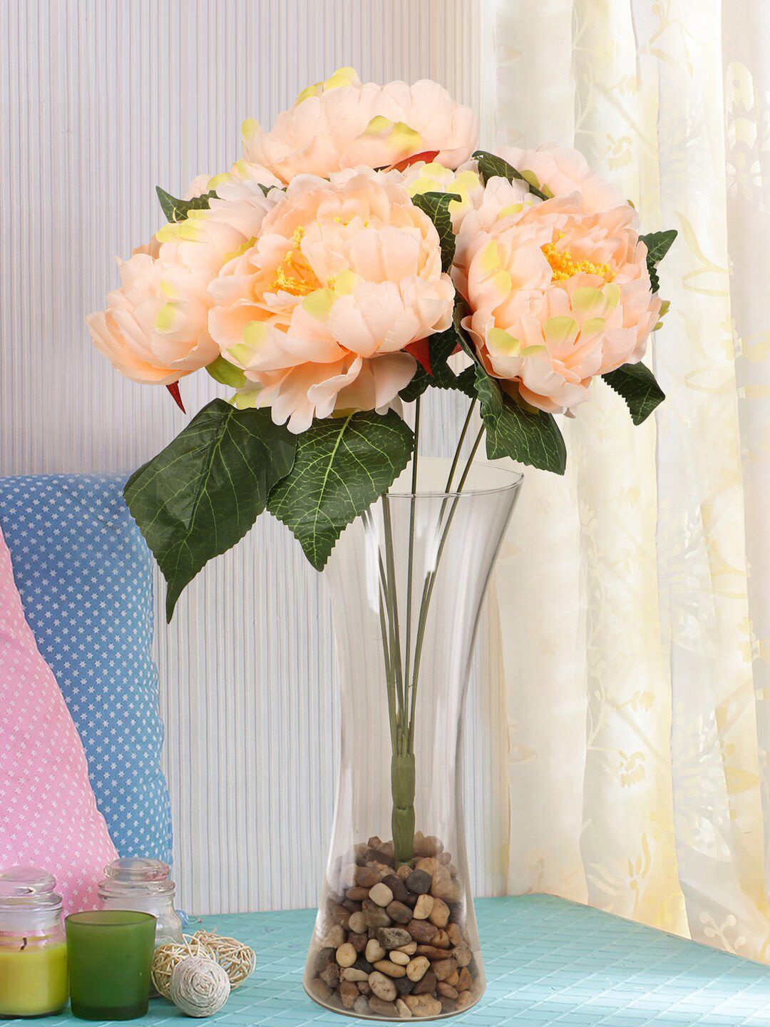 TIED RIBBONS Peach-Coloured & Green Decorative Artificial Peony Flower Bunch Price in India