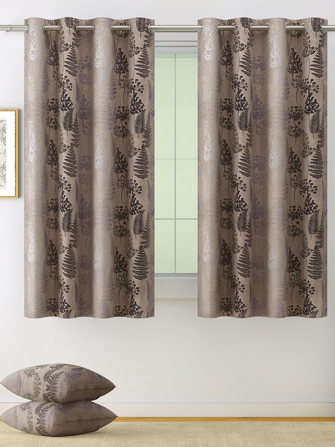 SWAYAM Set Of 2 Brown & Grey Floral Printed Room Darkening Window Curtain Price in India