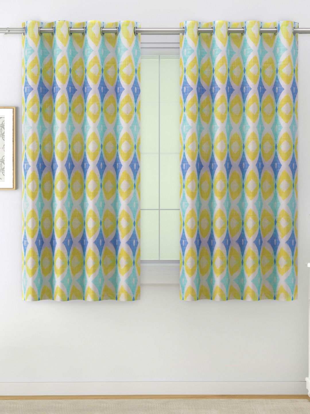 SWAYAM Blue & Yellow Set of 2 Geometric Room Darkening Window Curtain Price in India