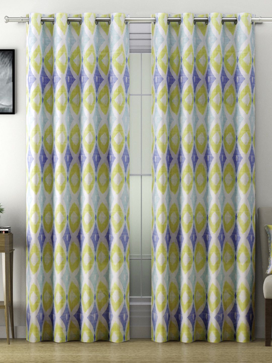 SWAYAM Blue & Yellow Set of 2 Geometric Room Darkening Long Door Curtain Price in India