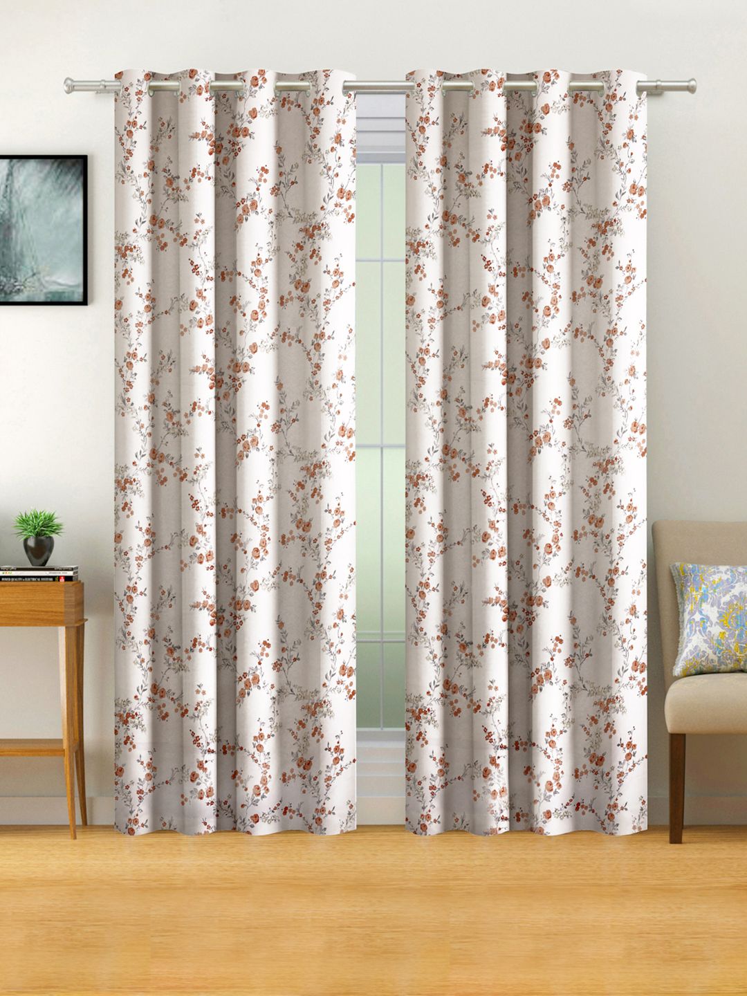 SWAYAM Set Of 2 Off White & Pink Floral Room Darkening Long Door Curtain Price in India