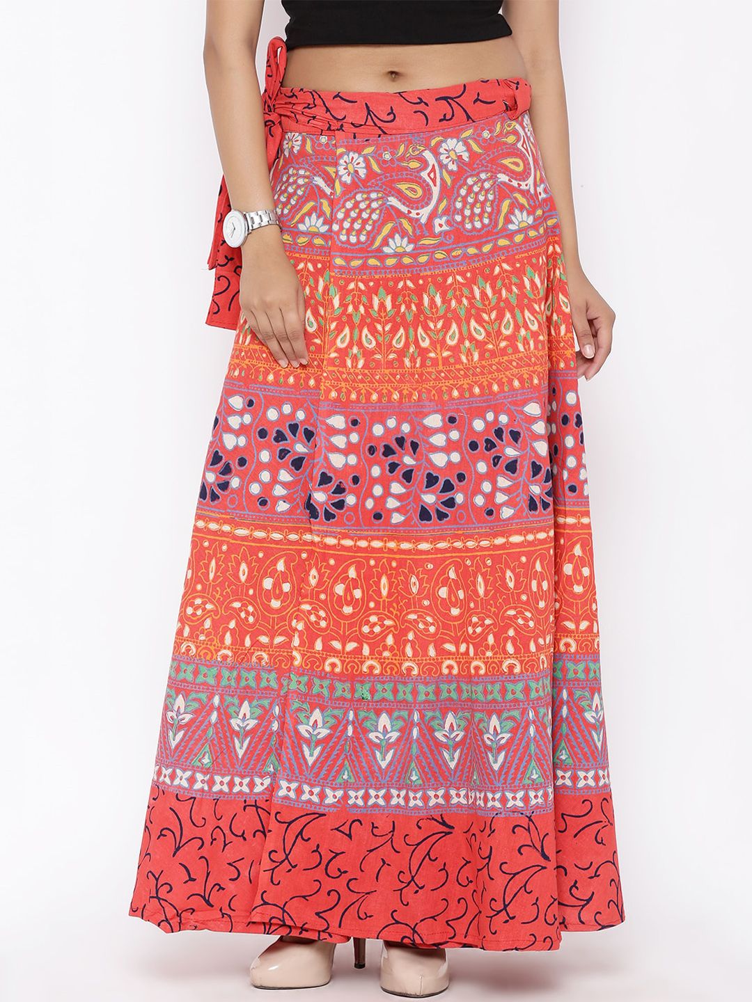 SOUNDARYA Women Orange & Pink Printed Pure Cotton Maxi Wrap Skirt