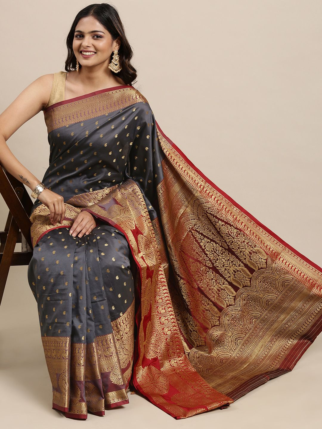 Mitera Grey & Gold-Toned Woven Design Zari Silk Cotton Banarasi Saree Price in India