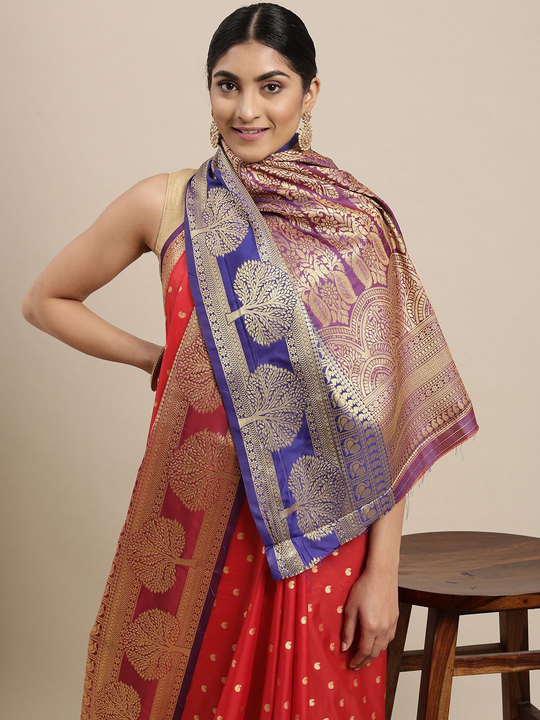 Mitera Red & Golden Paisley Design Zari Banarasi Silk Saree Price in India