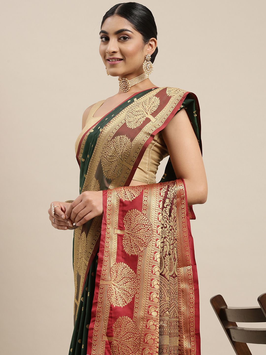 Mitera Olive Green & Golden Ethnic Woven Design Zari Banarasi Silk Saree Price in India