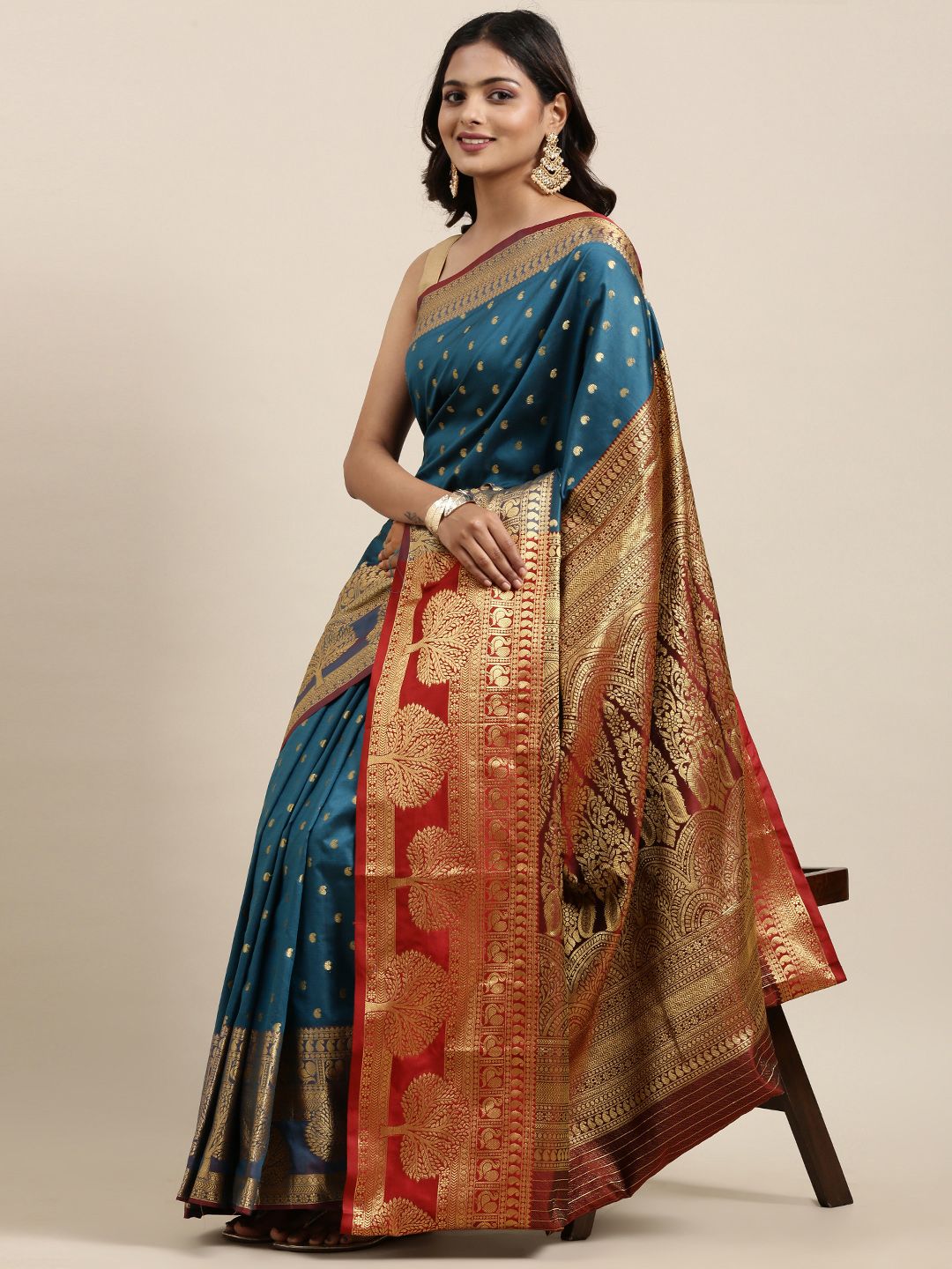 Mitera Blue & Gold-Toned Woven Design Zari Silk Cotton Banarasi Saree Price in India