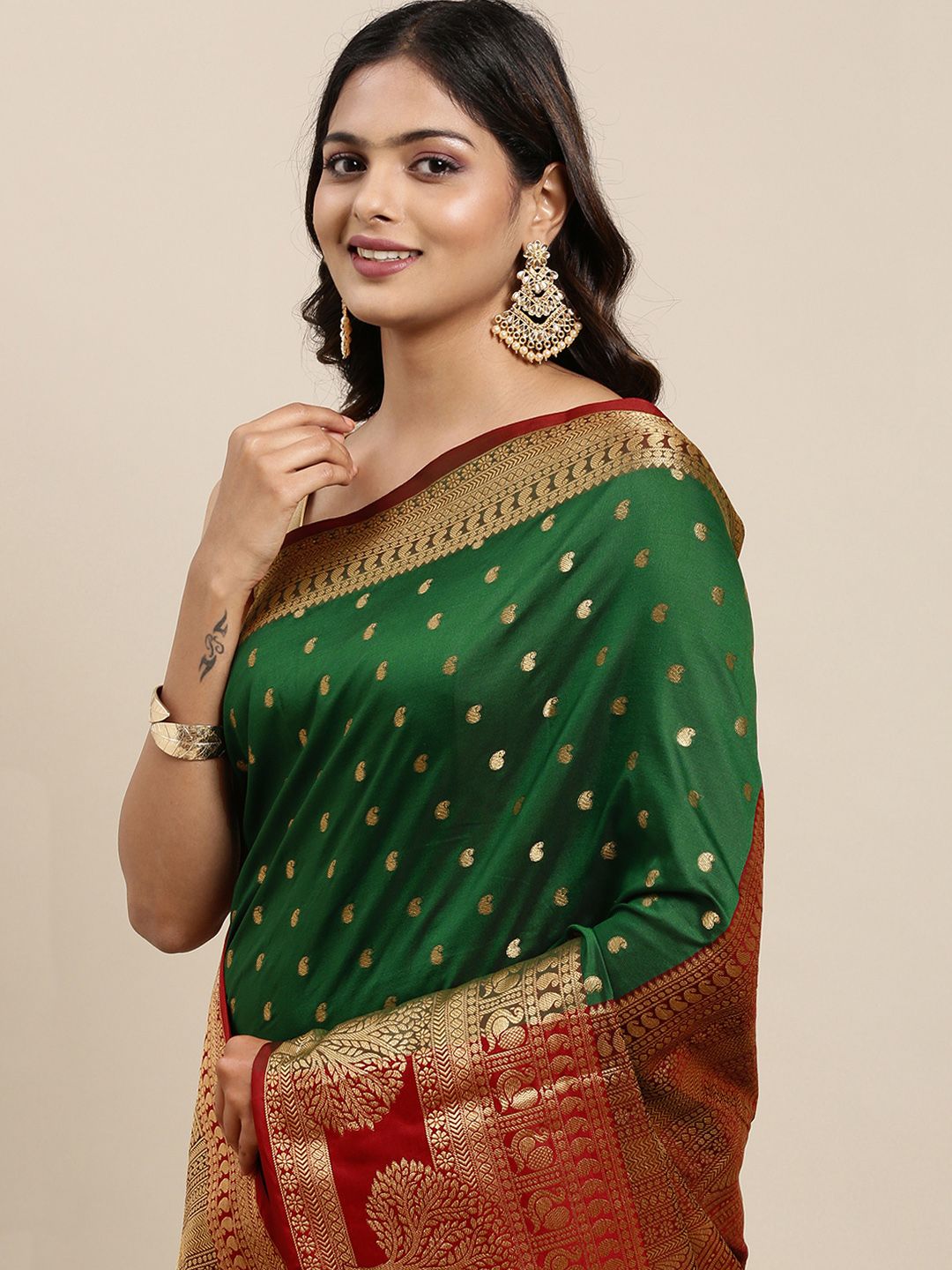 Mitera Green & Gold-Toned Woven Design Zari Silk Cotton Banarasi Saree Price in India