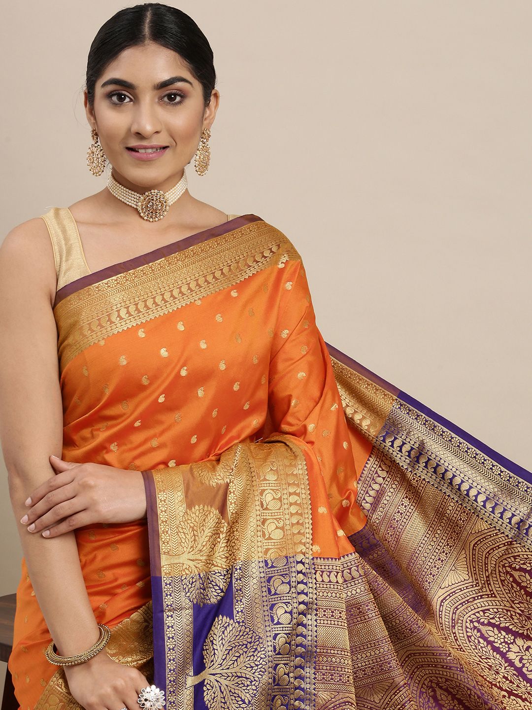 Mitera Orange & Golden Paisley Design Zari Banarasi Silk Saree Price in India