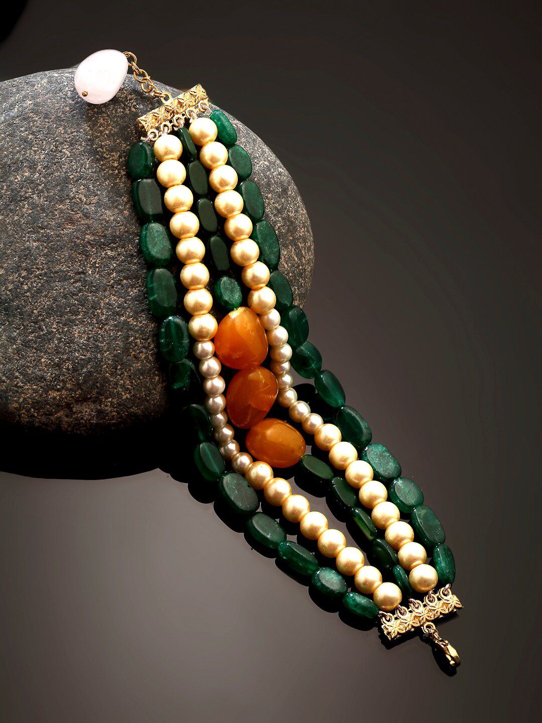 DUGRISTYLE Women Gold-Toned & Green Sterling Silver Pearls Gold-Plated Wraparound Bracelet Price in India