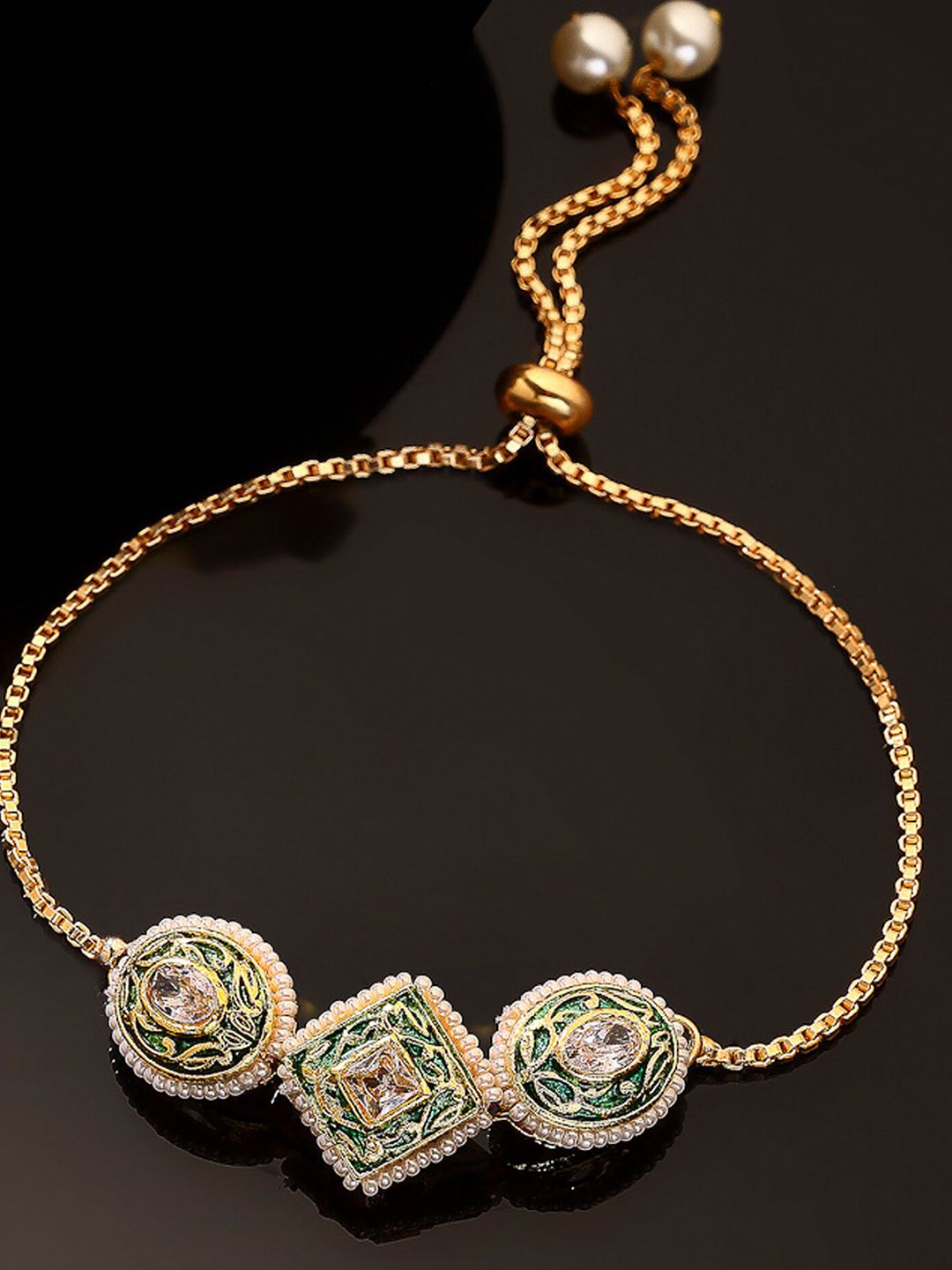 DUGRISTYLE Women Green & White Sterling Silver Kundan Gold-Plated Charm Bracelet Price in India
