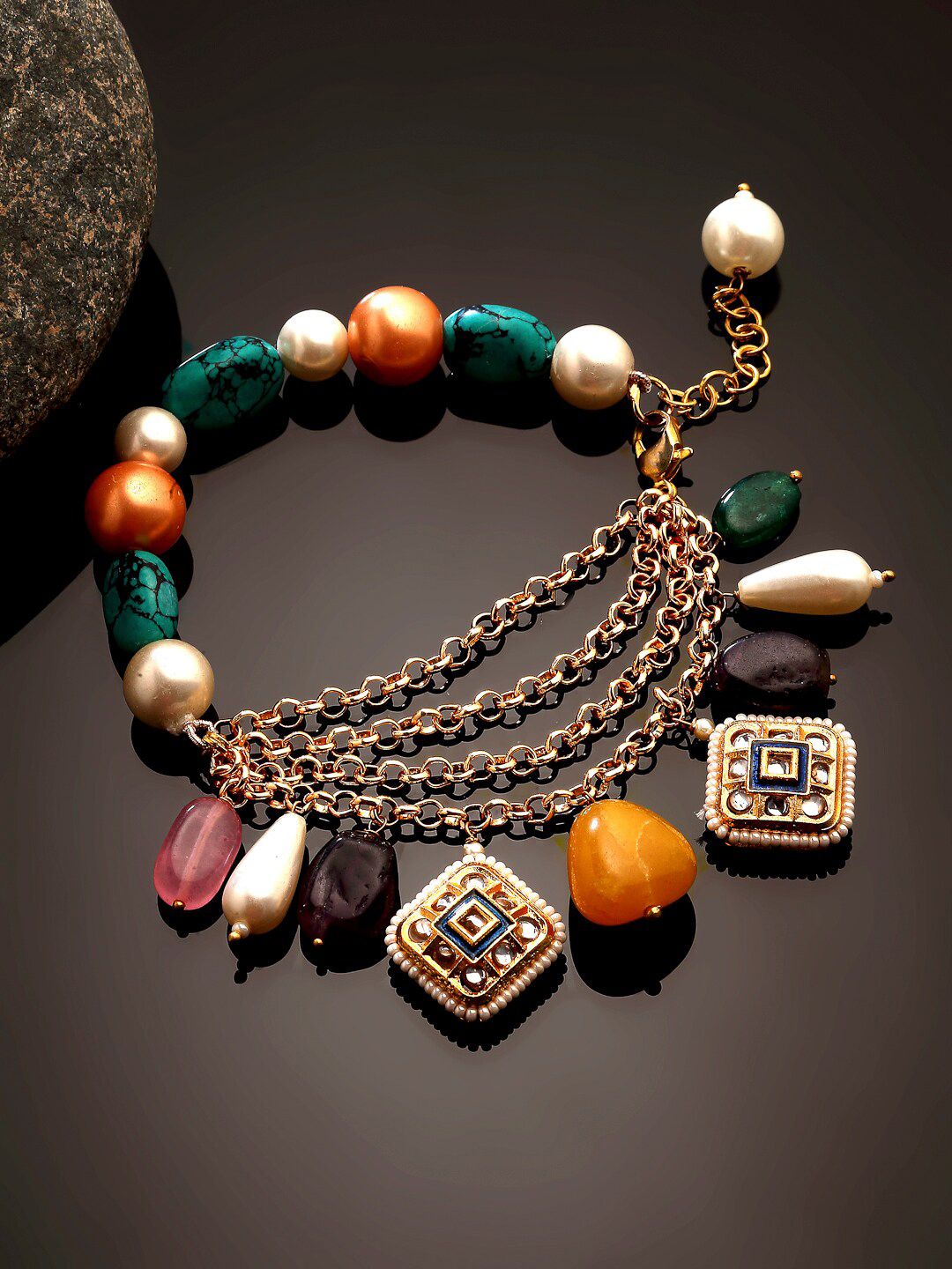 DUGRISTYLE Women Blue & Orange Beads Beaded Charm Bracelet Price in India