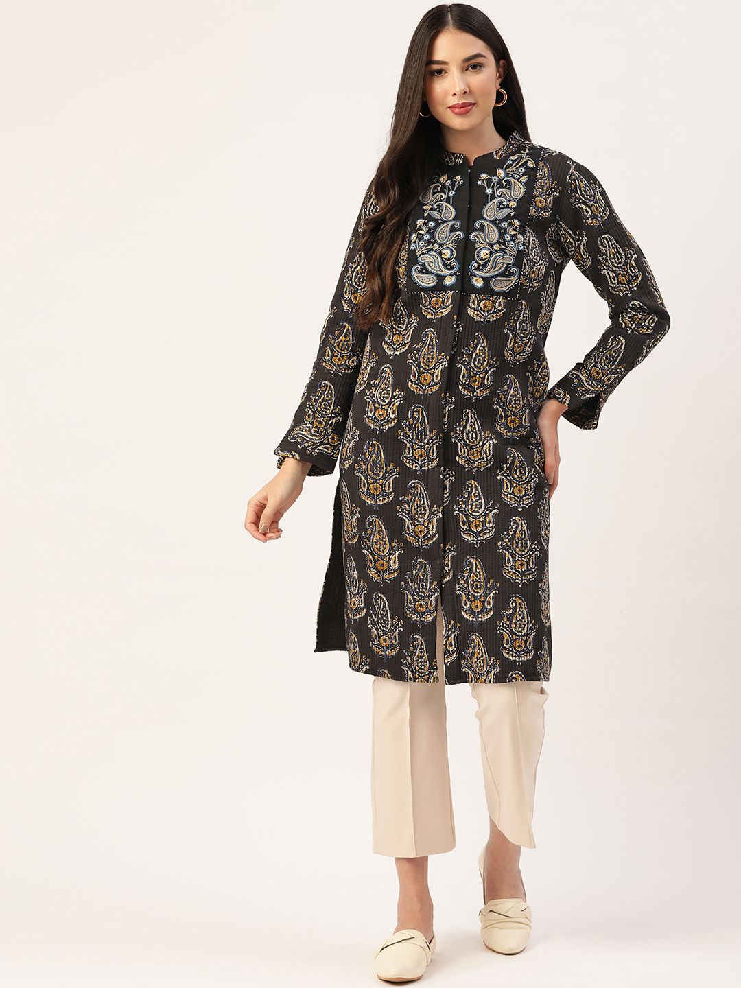 Ancestry Women Black Ethnic Motifs Cotton Longline Tailored Jacket with Embroidered Price in India