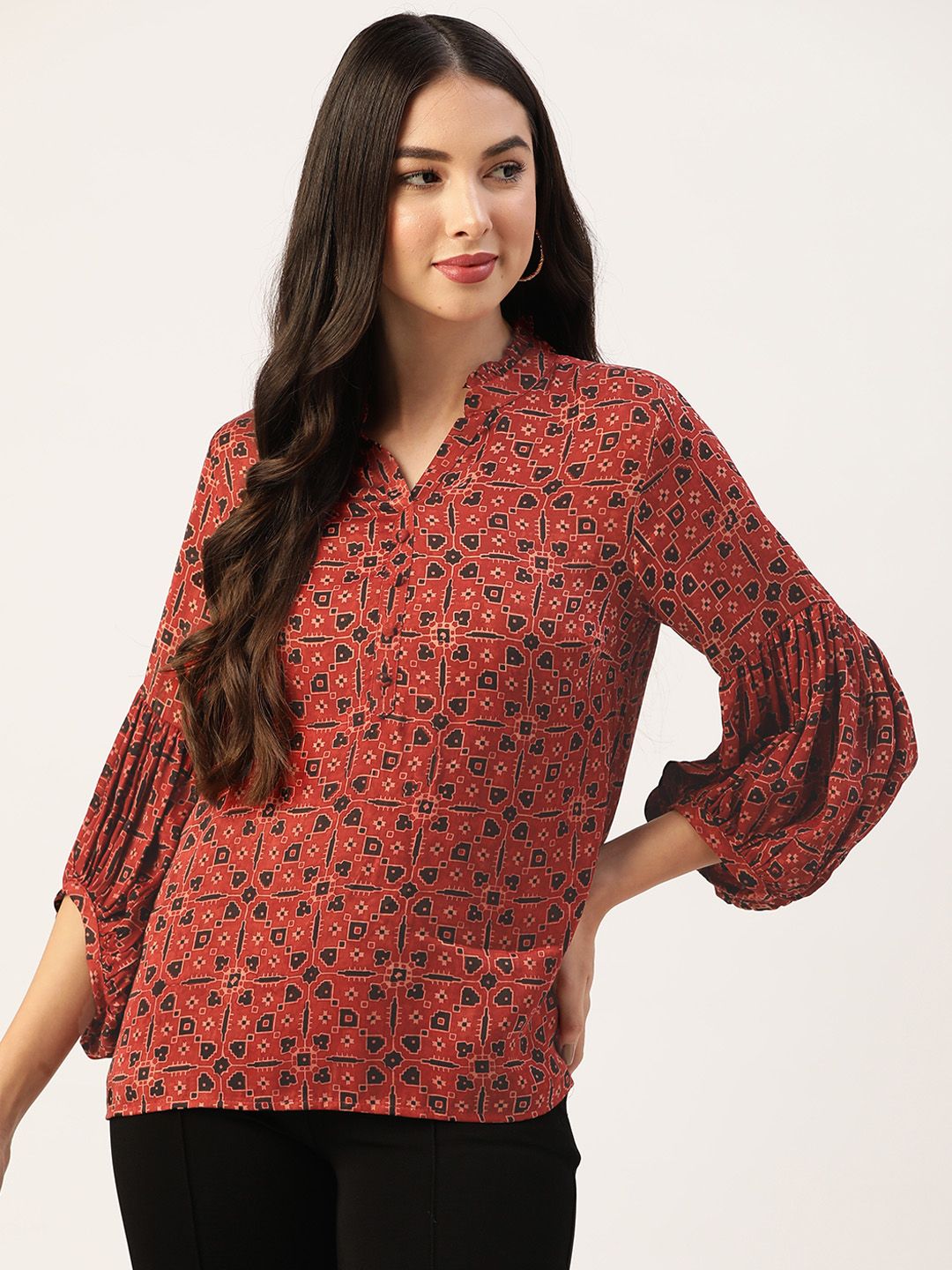 Ancestry Pink & Black Ethnic Motifs Print Bishop Sleeves Modal Regular Top