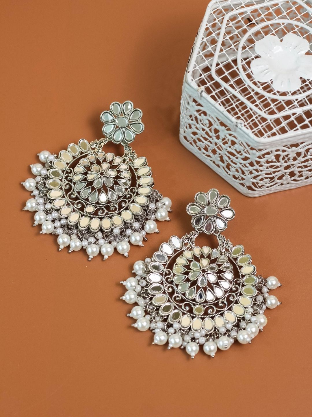 AccessHer Silver-Toned & White Mirror Circular Drop Earrings Price in India