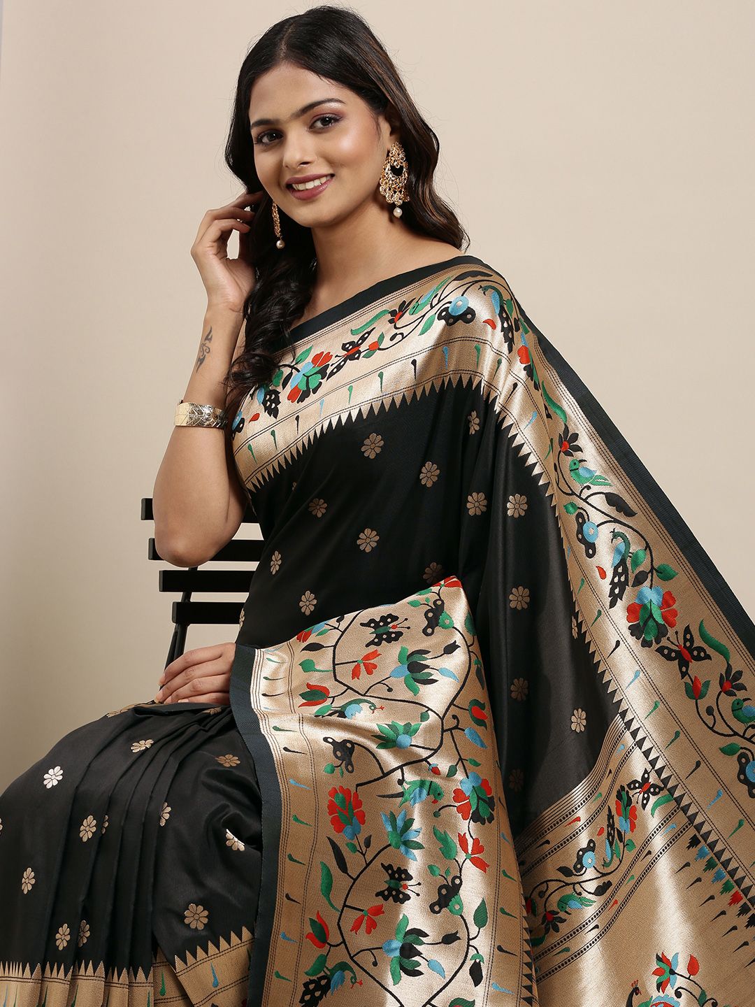 Mitera Black Woven Design Zari Silk Blend Paithani Saree Price in India