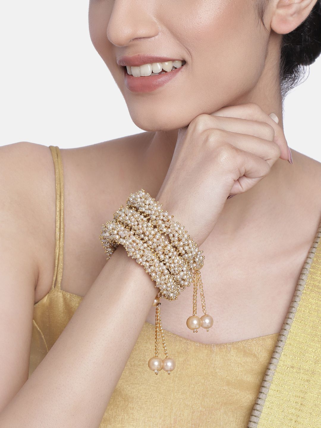 AccessHer Women Gold-Toned & White Brass Pearls Handcrafted Gold-Plated Cuff Bracelet Price in India