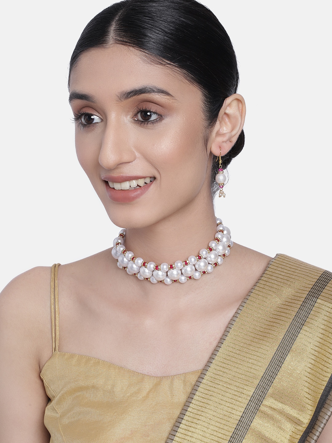 AccessHer Gold-Toned & White Brass Gold-Plated Choker Necklace with Earrings Price in India