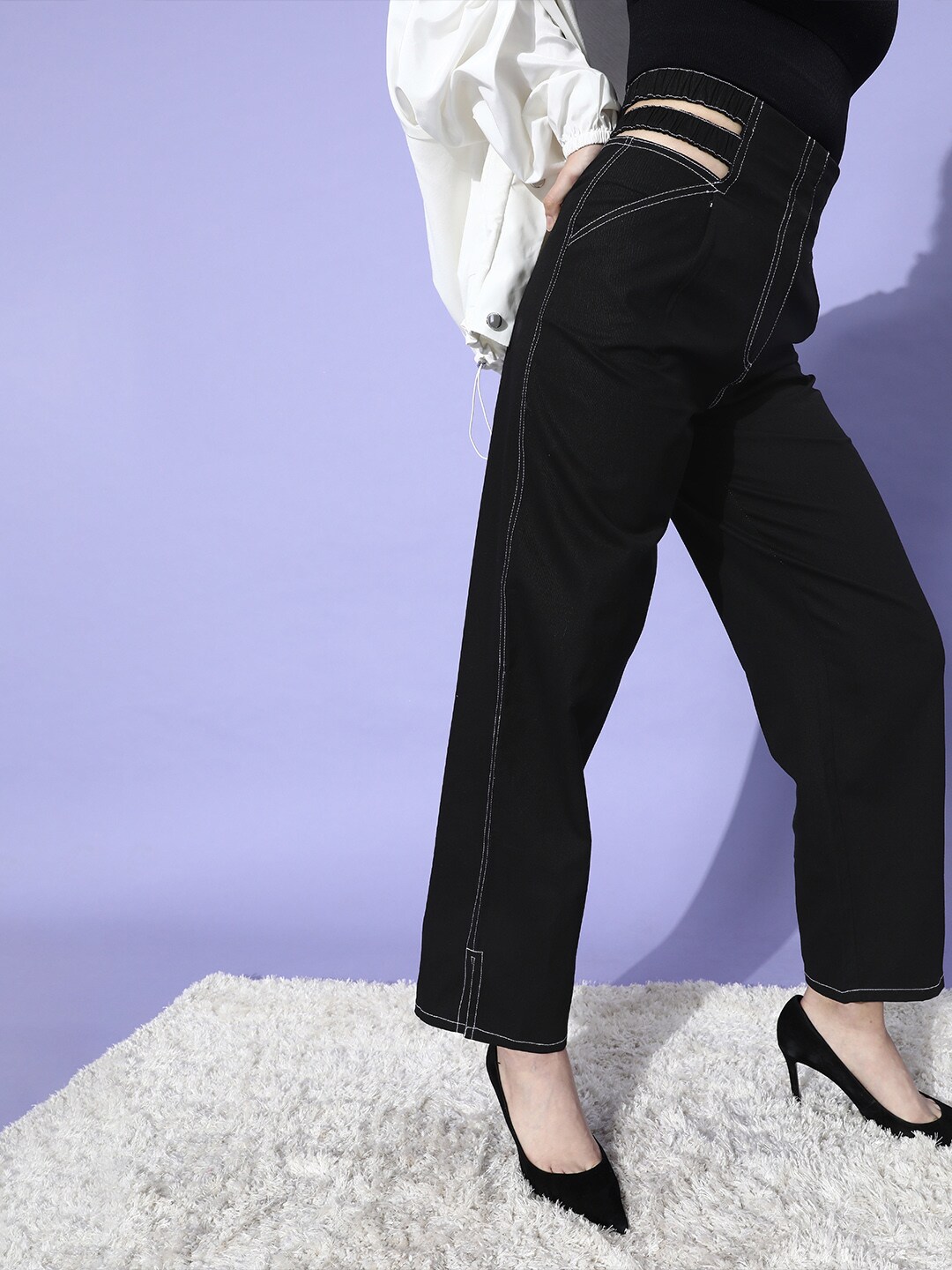 STREET 9 Women Stylish Black Solid High-Rise Trousers Price in India