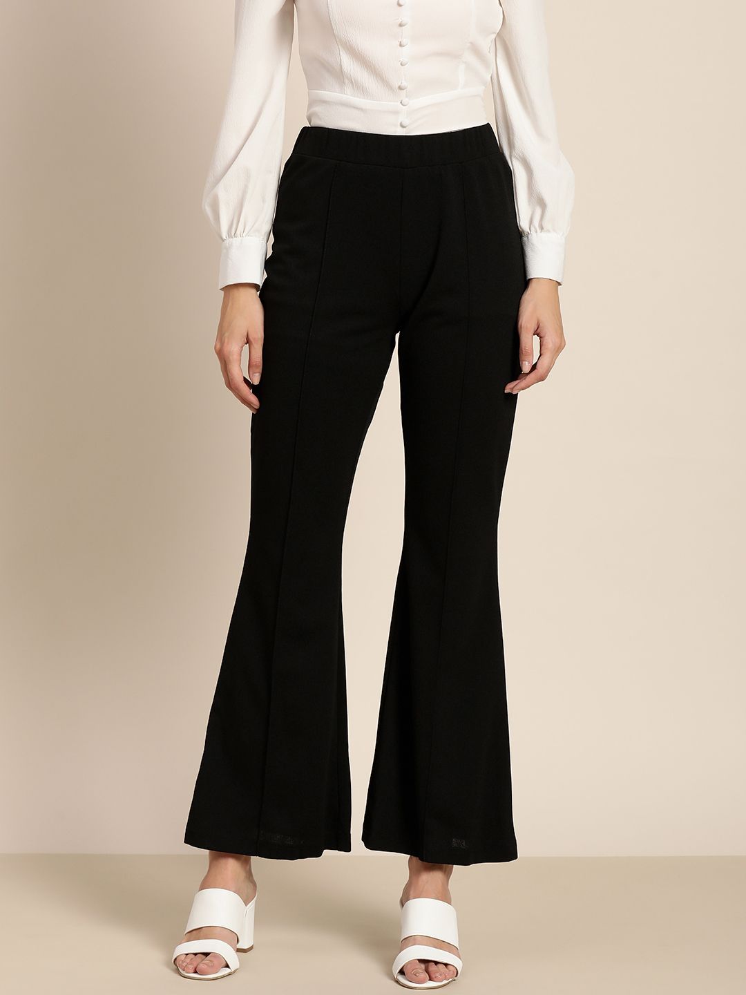 Marie Claire Women Black Solid Flared Pleated Bootcut Trousers Price in India