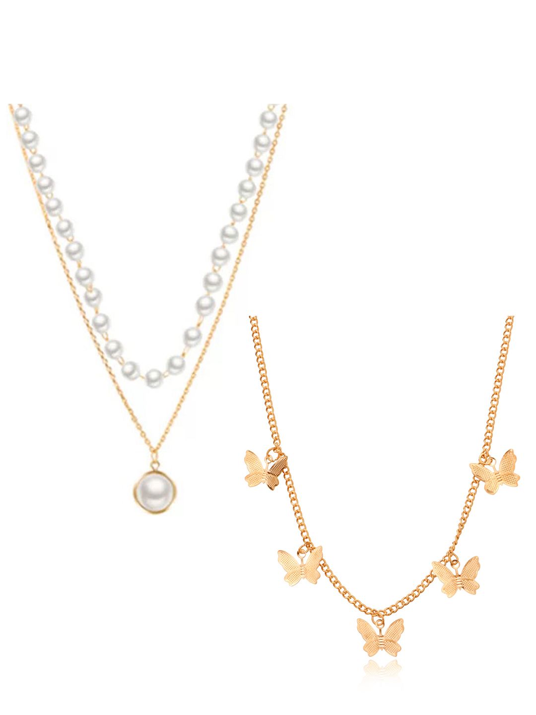 Vembley Set Of 2 Gold-Toned & White Pearl Double Layered & Butterfly Necklace Price in India