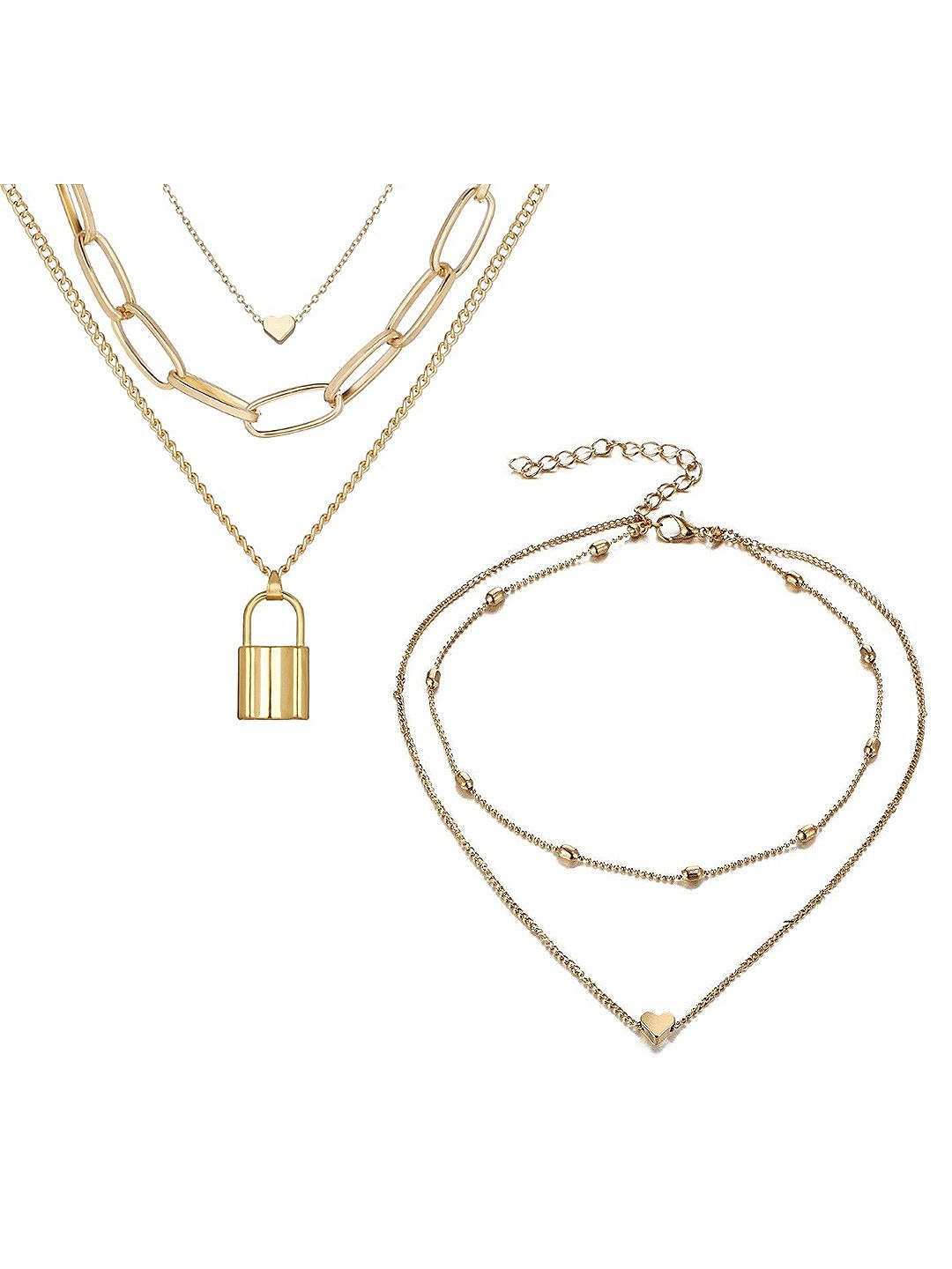 Vembley Set Of 2 Gold-Plated Layered Heart Lock & Heart Pendant Necklace Price in India