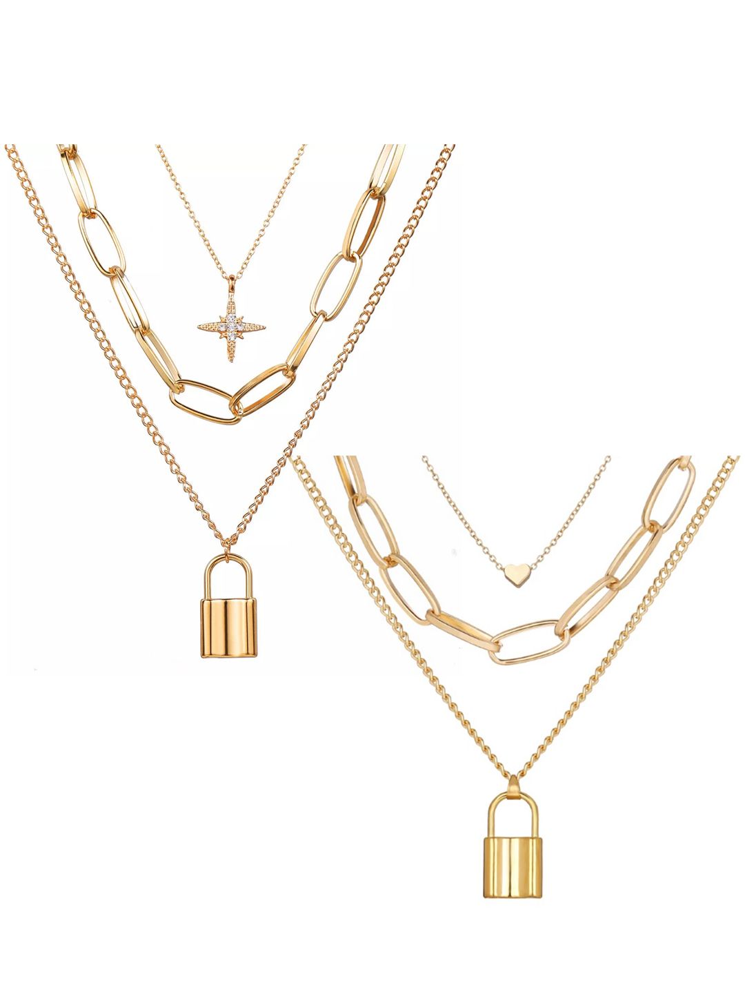 Vembley Set Of 2 Gold-Plated Triple Layered Heart & Star Lock Necklace Price in India