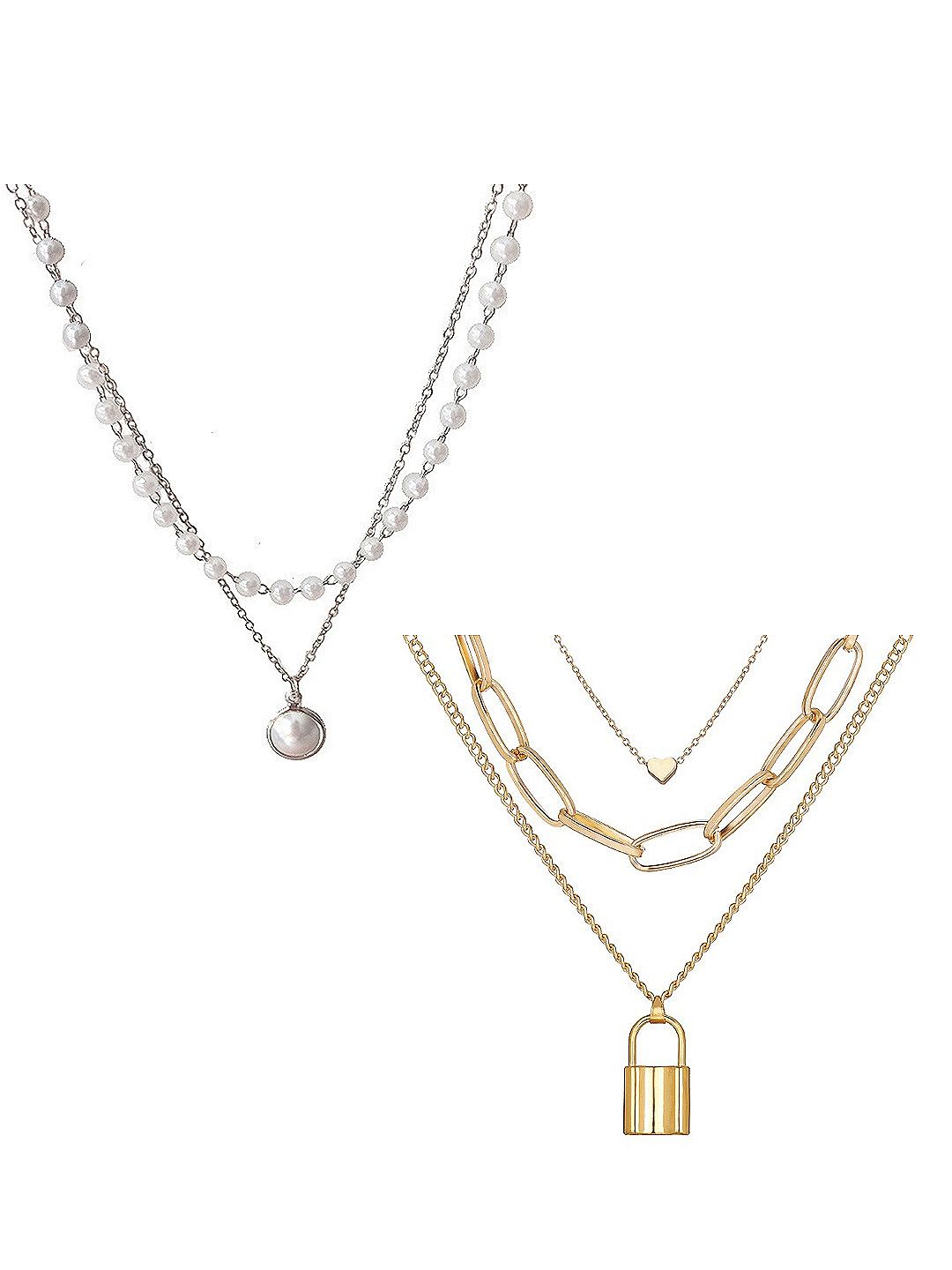 Vembley Set  Of 2 Silver-Toned & Gold-Toned Silver-Plated Layered Necklace Price in India