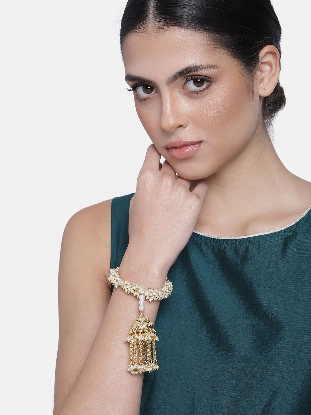 I Jewels Women Gold-Toned & White Pearl Jhumki Wraparound Bracelet Price in India