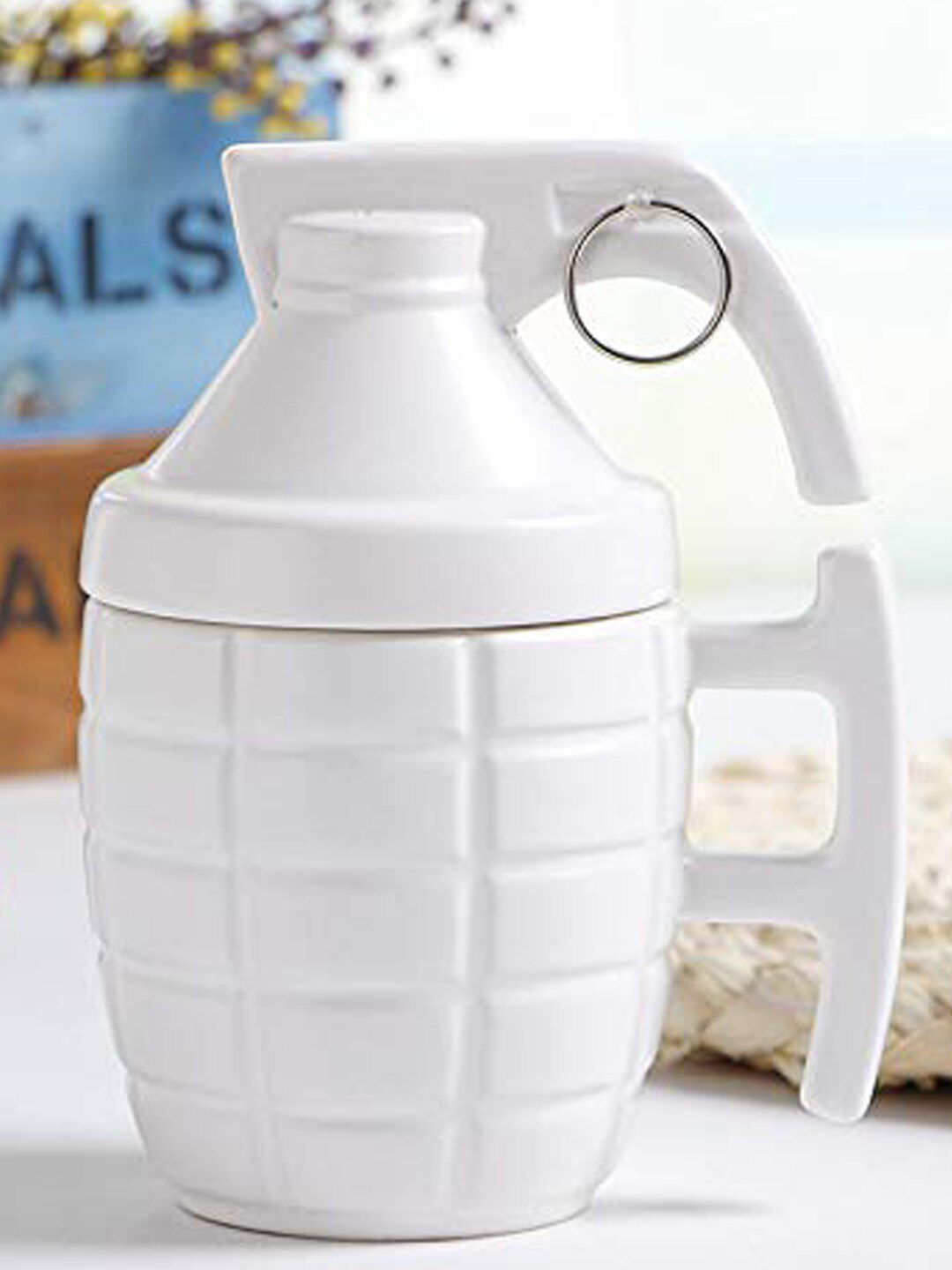 BonZeaL White 3D Ceramic Army Style Grenade Coffee Mug with Lid Price in India