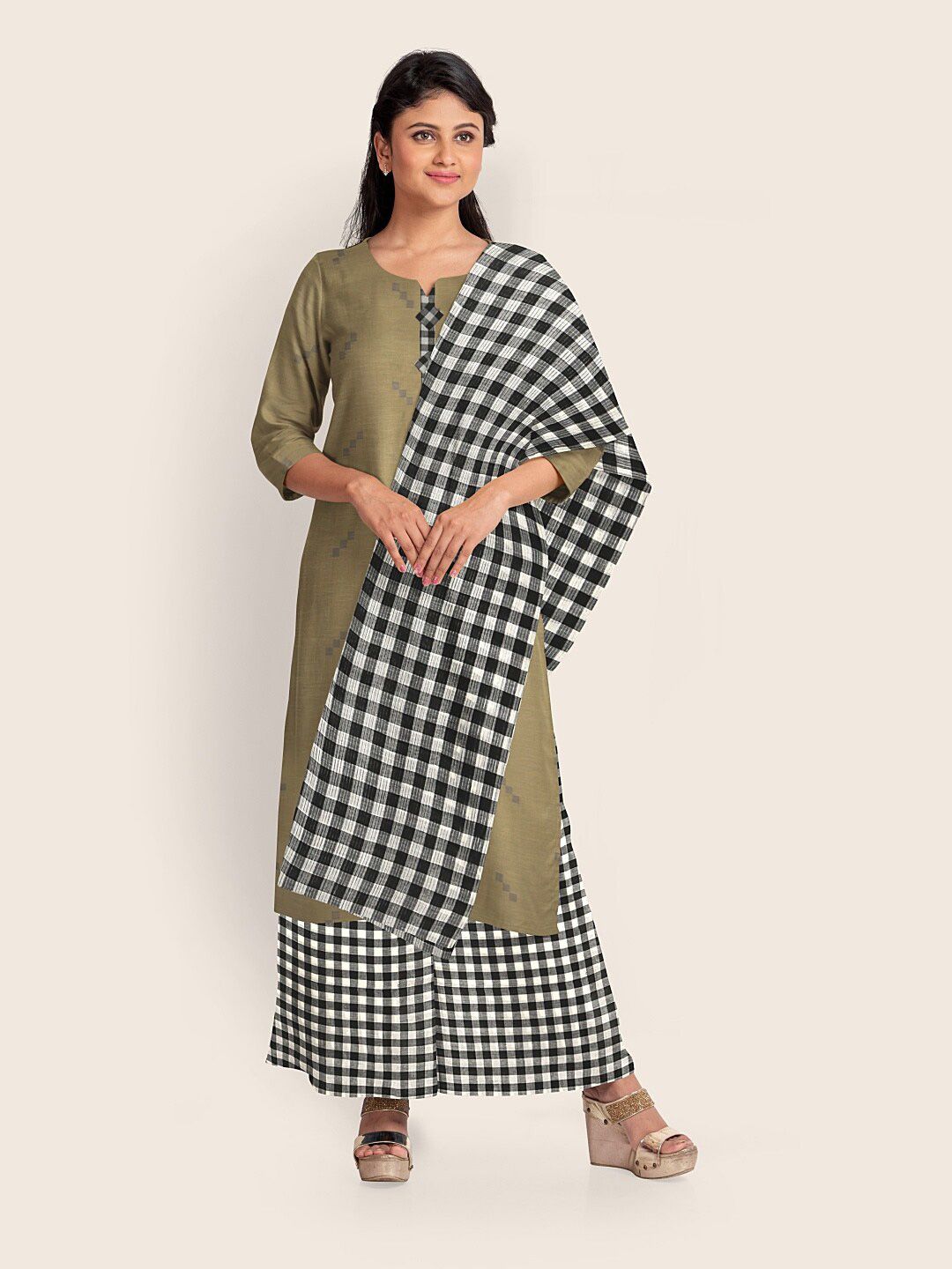 Pothys Tan & Black Pure Cotton Unstitched Dress Material