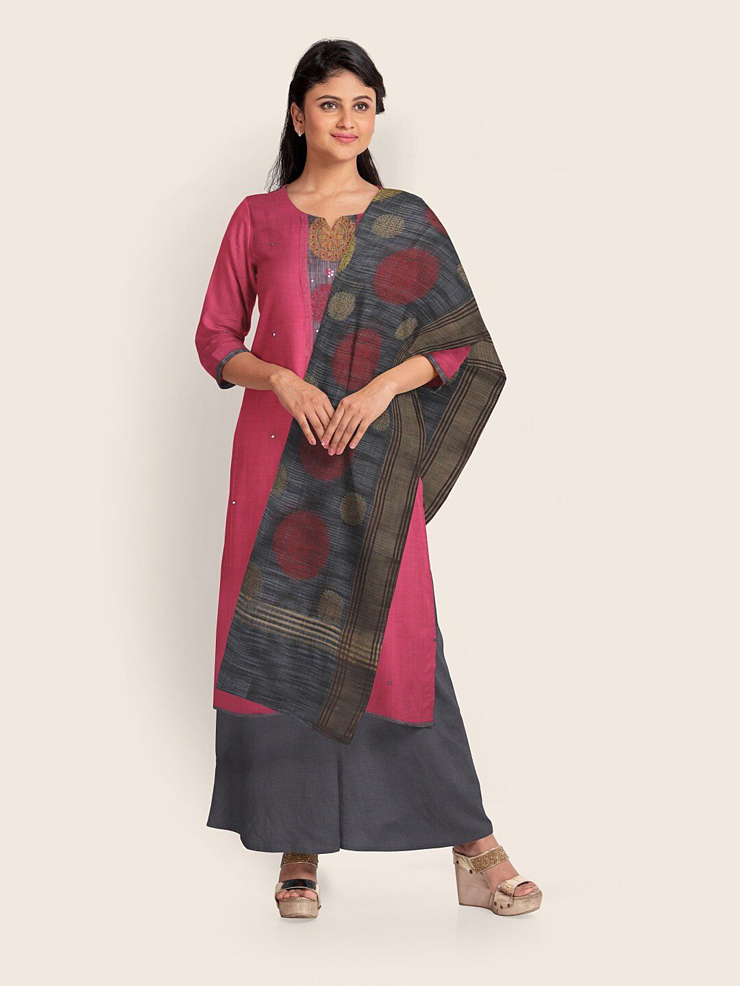 Pothys Pink & Grey Printed Unstitched Dress Material