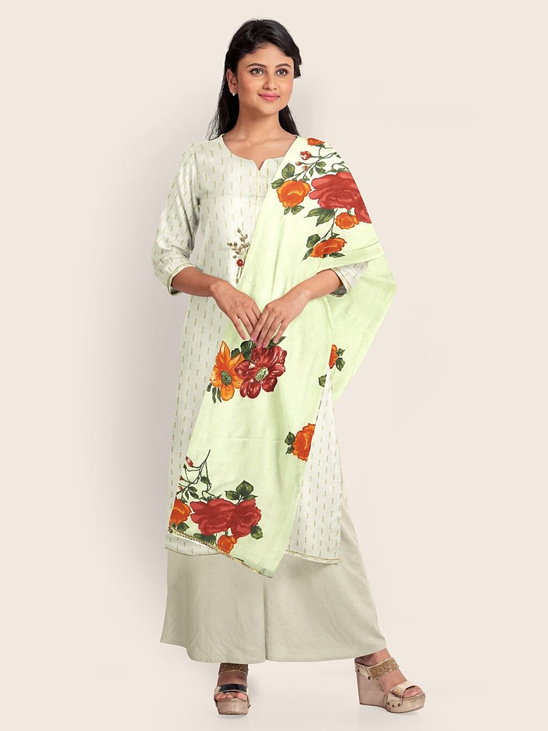 Pothys Cream-Coloured & Red Embroidered Unstitched Dress Material
