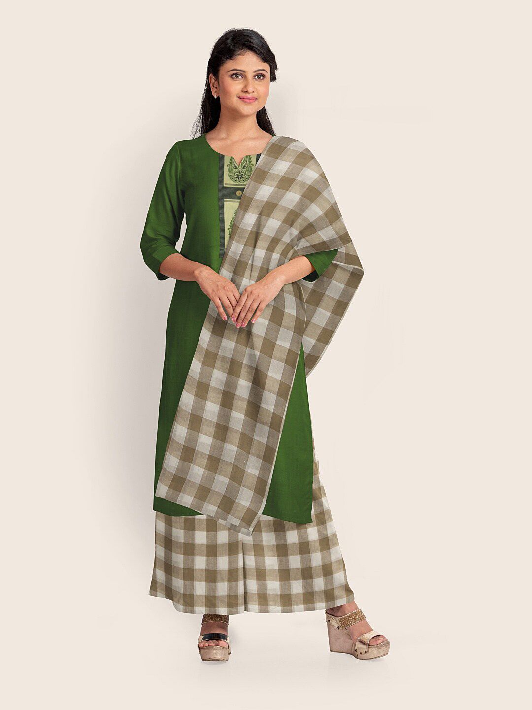 Pothys Green & Brown Printed Pure Cotton Unstitched Dress Material