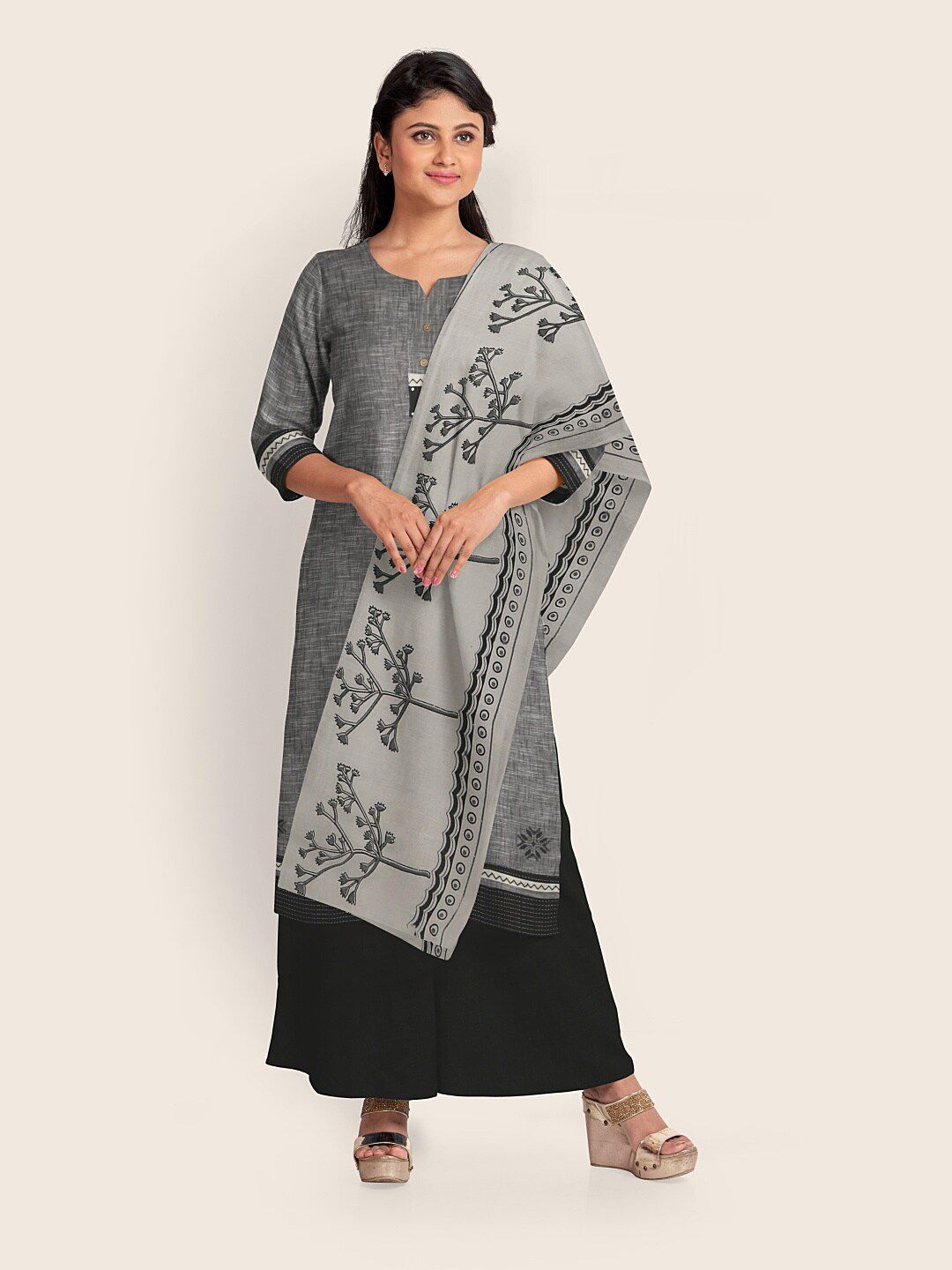 Pothys Grey & Black Printed Unstitched Dress Material