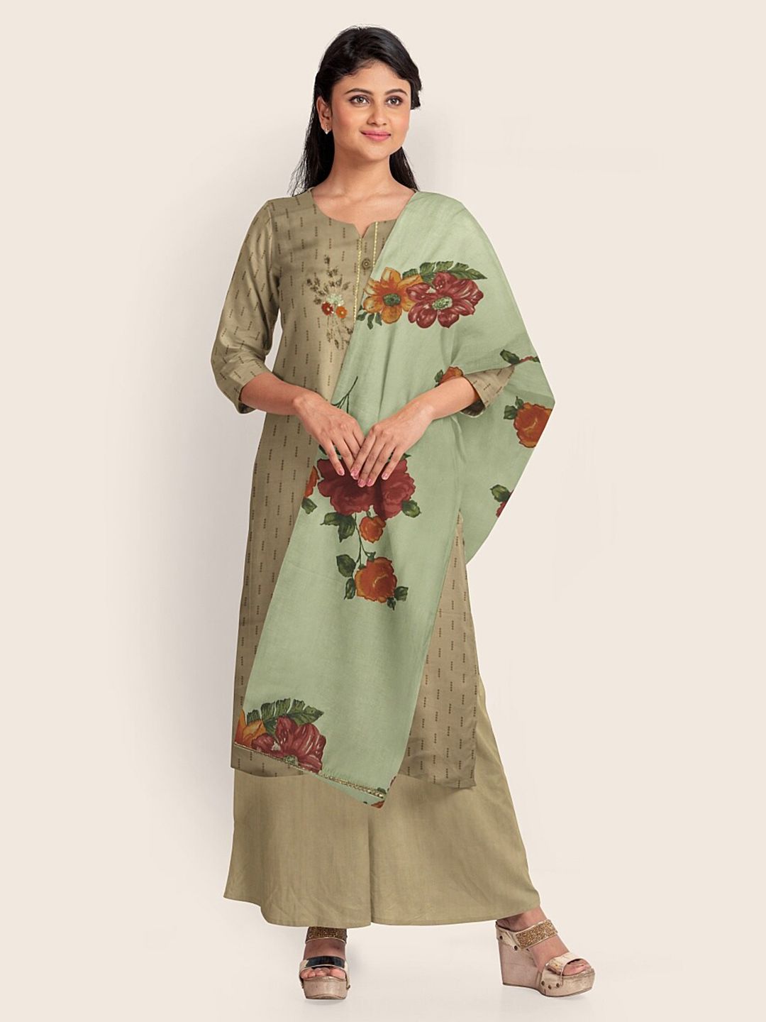 Pothys Tan & Green Embroidered Unstitched Dress Material