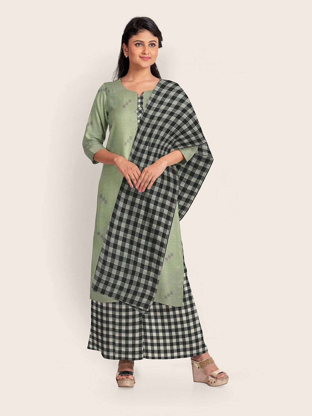Pothys Green & Black Printed Pure Cotton Unstitched Dress Material