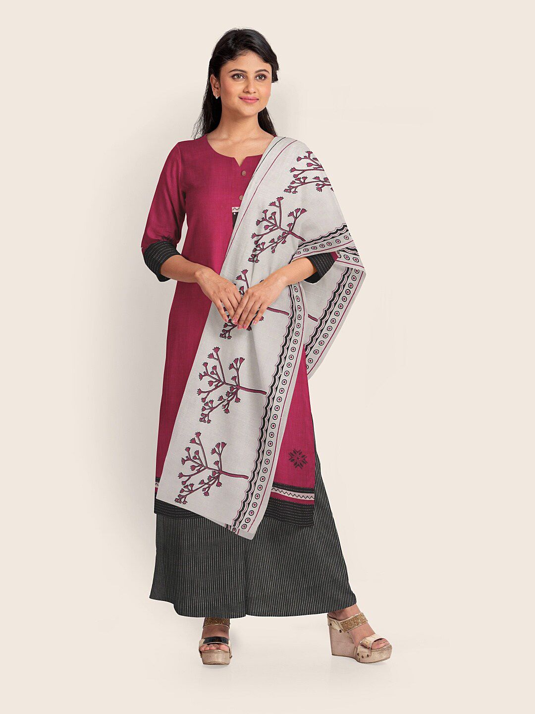 Pothys Pink & Black Printed Unstitched Dress Material