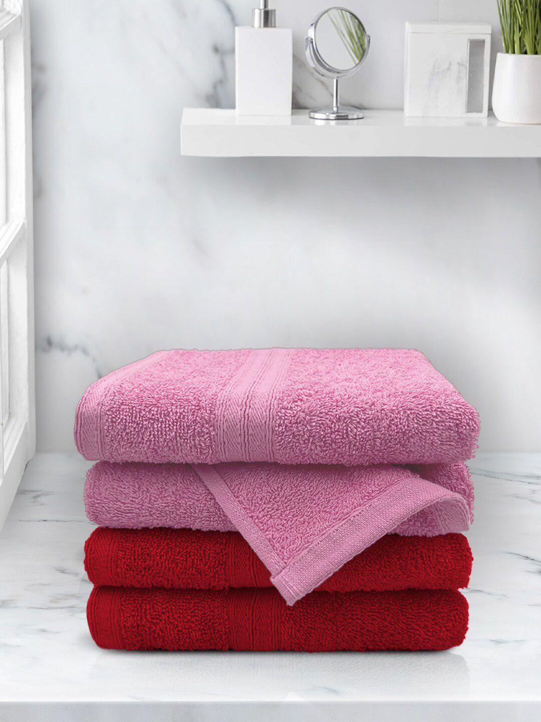 Aura Pink & Red Set Of 4 Solid 500 GSM Cotton Hand Towels Price in India